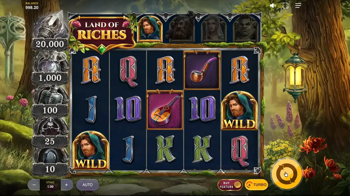 Land of Riches স্লট গেমের ফ্যান্টাসি থিম এবং প্রগ্রেশন সিস্টেমের দৃশ্য
